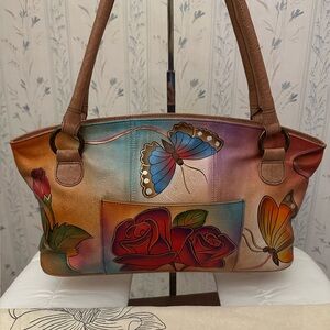 Anna by Anuschka Butterfly and Rose Leather Shoulder Bag